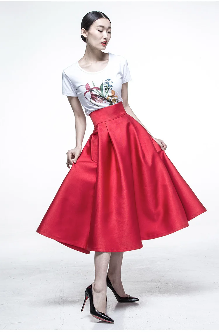 Женская винтажная юбка средней длины красная в стиле ретро 50-х годов с высокой
