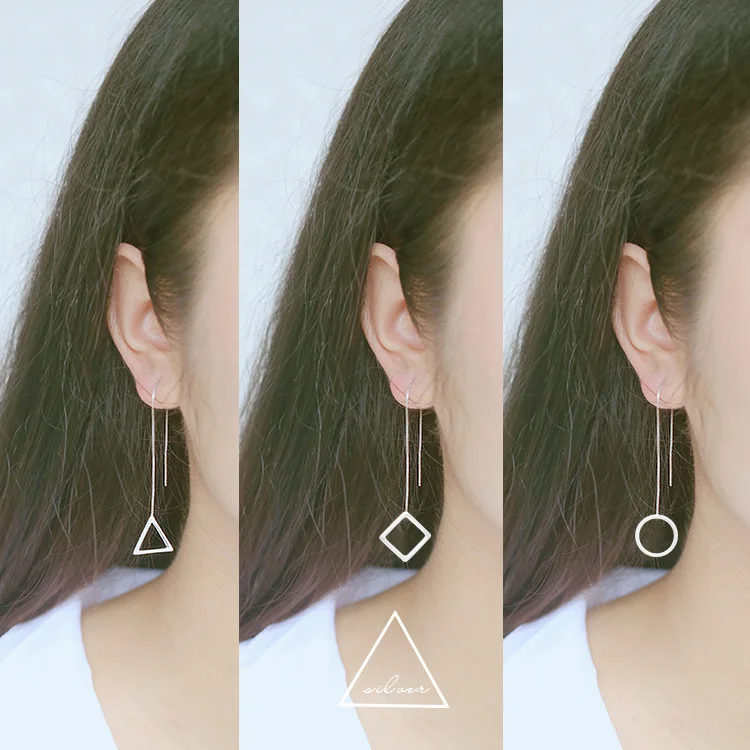 Серьги-гвоздики женские длинные квадратные треугольные серебряного цвета |