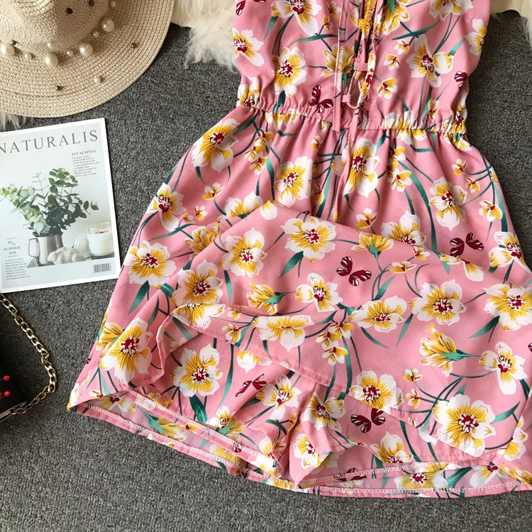ALPHALMODA, летний женский пляжный комбинезон с цветочным принтом, на шнуровке, на груди, эластичный сзади, без рукавов, повседневный короткий шифоновый комбинезон