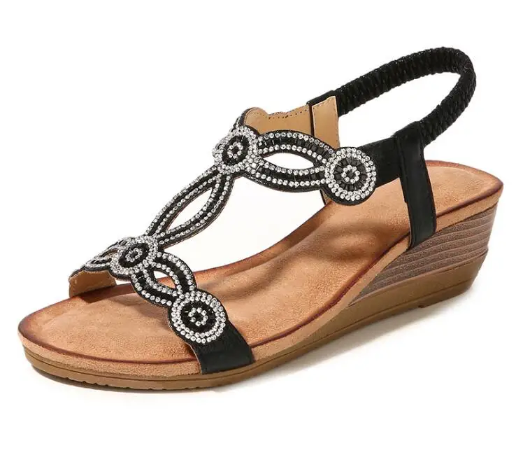 Женские босоножки на танкетке со стразами большие размеры 35 43 новинка