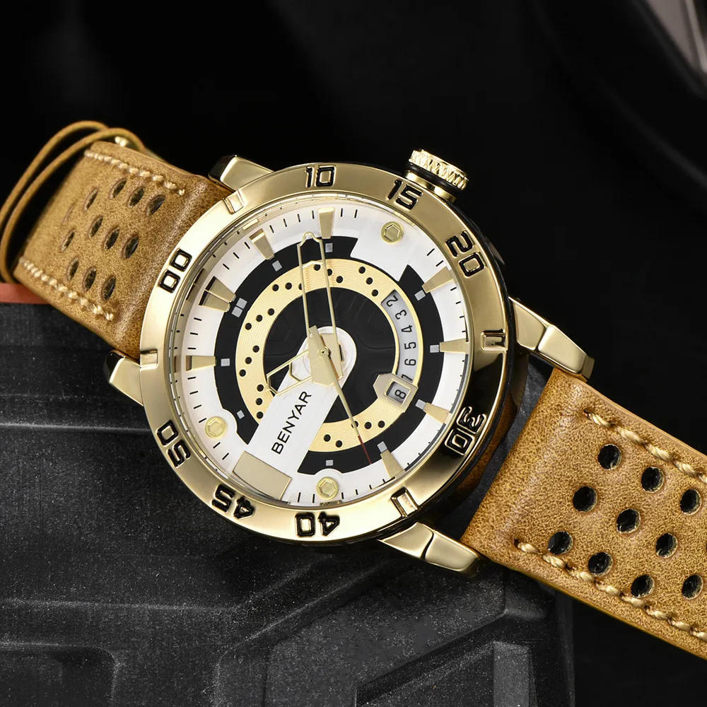 Мужские спортивные часы BENYAR повседневные Кварцевые водонепроницаемые золотые