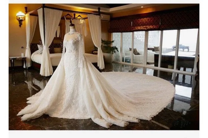 Robe De Mariage Роскошные Длинные рукава Русалка свадебное платье с Съемный шлейф