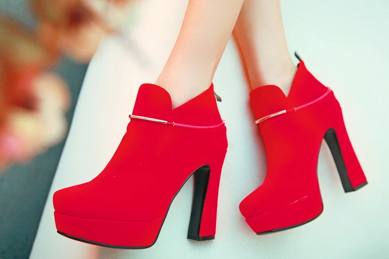 New 2014 Top quality fashion warm Autumn Women Boots naked boots Flock ankle metal decoration Zip 11cm/3cm black/red EU34-39 | Обувь