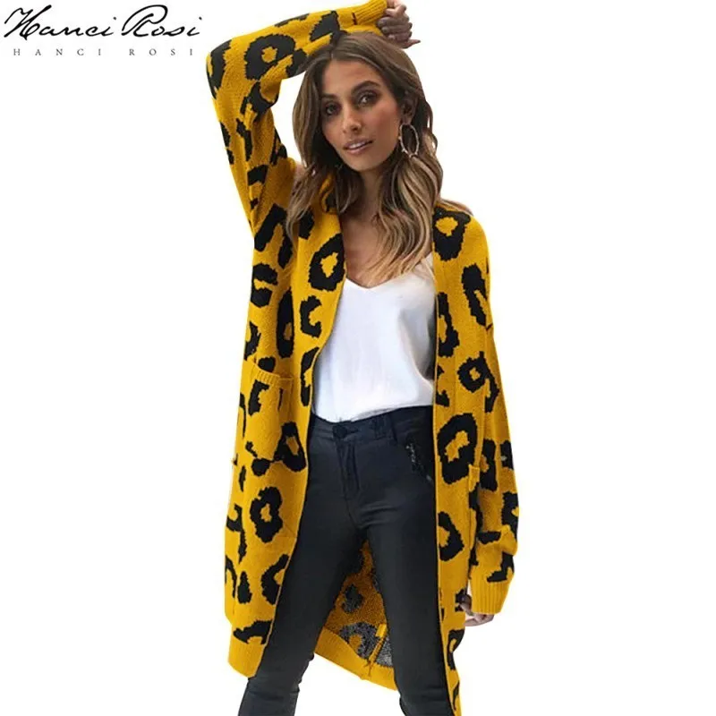 HANCI ROSI Леопардовый осенний женский кардиган Mujer Invierno 2019 свитер для женщин длинный
