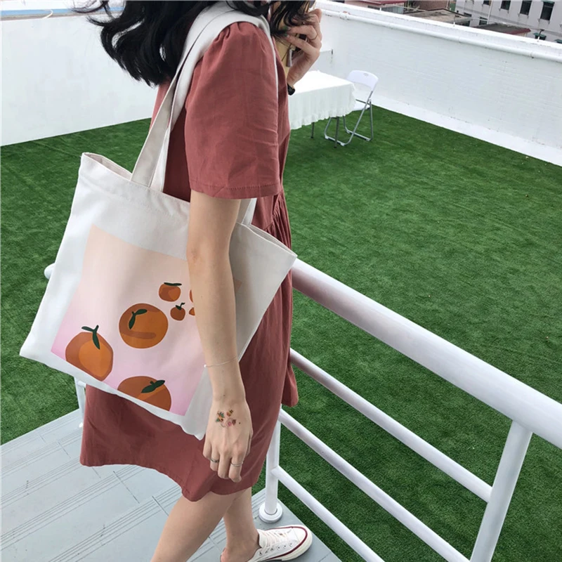 Harajuku новый большой размер ulzzang оранжевый мультфильм Печать холст ins Корея сумка