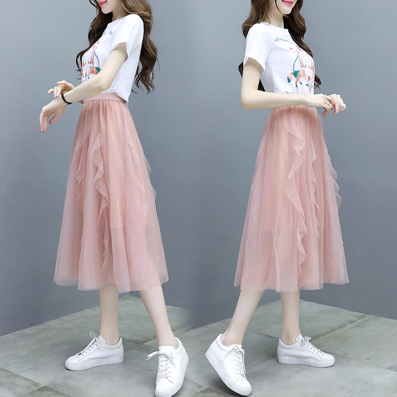 2019 Fashion Women's Clothing Mesh Ruffles O-neck Short Sleeves Printing Two Pieces Summer Sets Female | Женская одежда