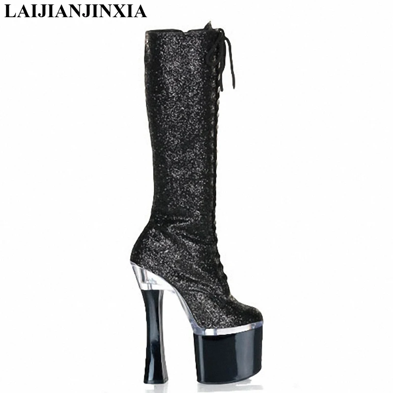 

LAIJIANJINXIA New Black Glitter Knee High Boots For Women Extreme High Heels Womans Shoes Fashions 2018 Gothic Ladies Boots