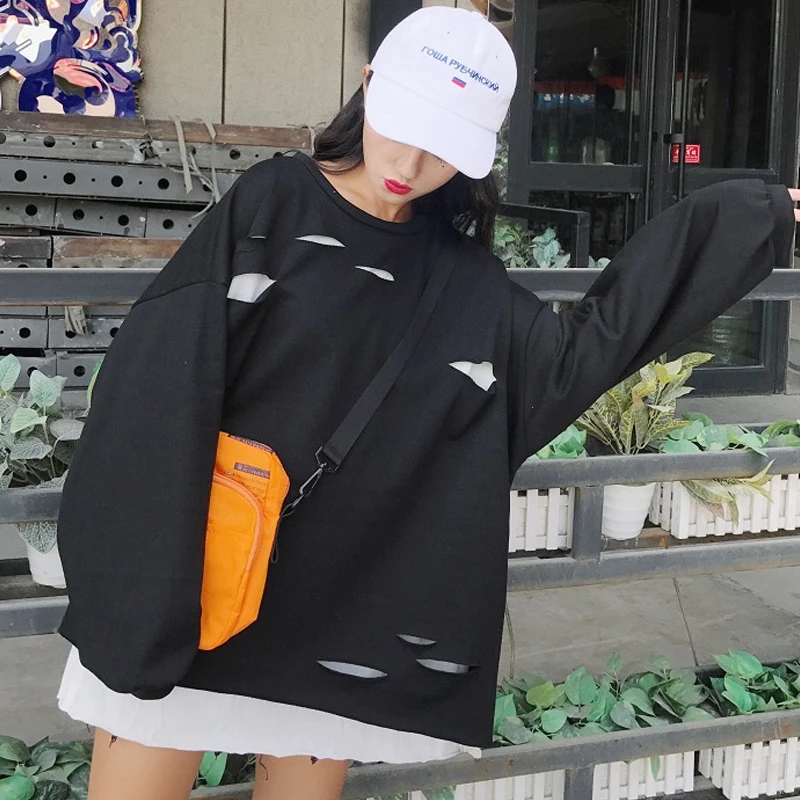 Harajuku Толстовка Женская Поддельные два Весна плюс жир XL отверстие хит цвет