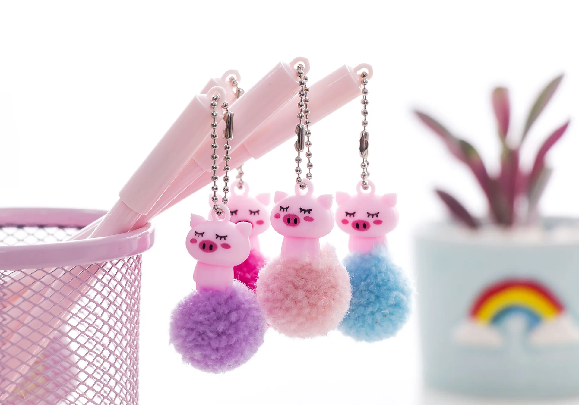 

kawaii pen 40pcs/lot cartoon plush pig gel pens for school office stationary supplies cute pig stuffed ball pendant pens animal