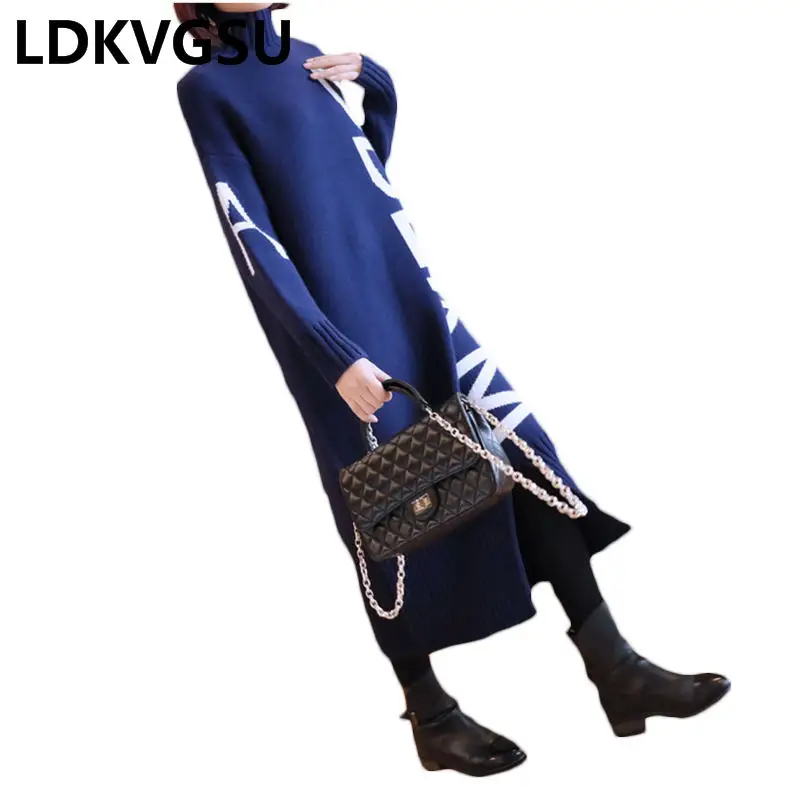 

2018 Autumn Winter New Women's Loose Pullover Turtleneck Sweater Female Large Size Thicken Letter Print Sweater Dress Is1451
