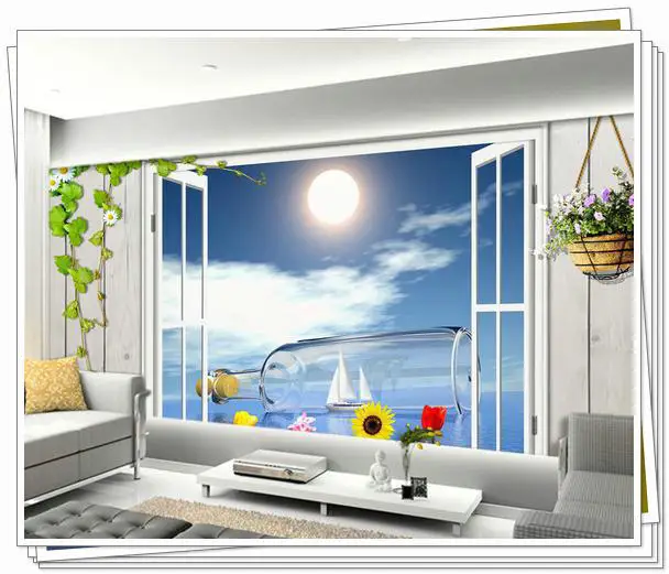 New large wallpaper Custom 3D glass boat idyllic mural wall paper papel de parede stickers Free shipping8644 beac|stickers ps2|sticker artstickers