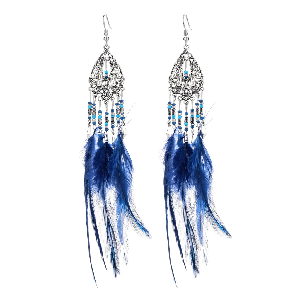 LUBINGSHINE сережки с кисточками Boho Длинные красные синие белые серьги-капли с перьями для женщин винтажные ювелирные изделия ручной работы