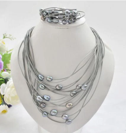 Элегантный набор украшений из натурального жемчуга ручной работы, 15 рядов, 13 мм, ожерелье и браслет из кожи с пресноводным жемчугом и серым рисом