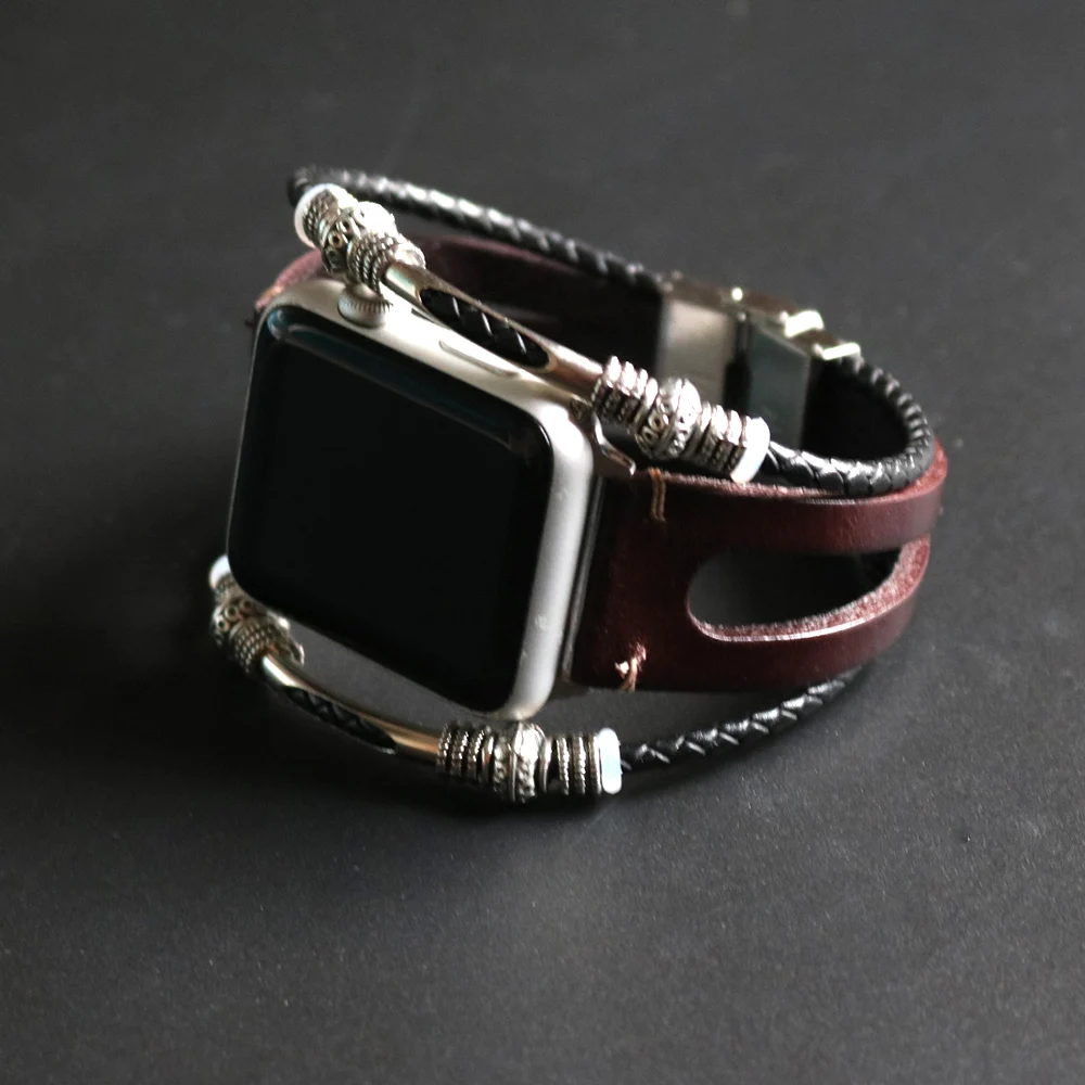 Line Dark Brown Браслет ручной работы из бисера в стиле ретро панк для Apple Watch 42 мм 38 мм из натуральной кожи для Apple iWatch 40 мм 44 мм Серия 1 2 3 4 ремешок - Цвет ремешка: Line Dark Brown