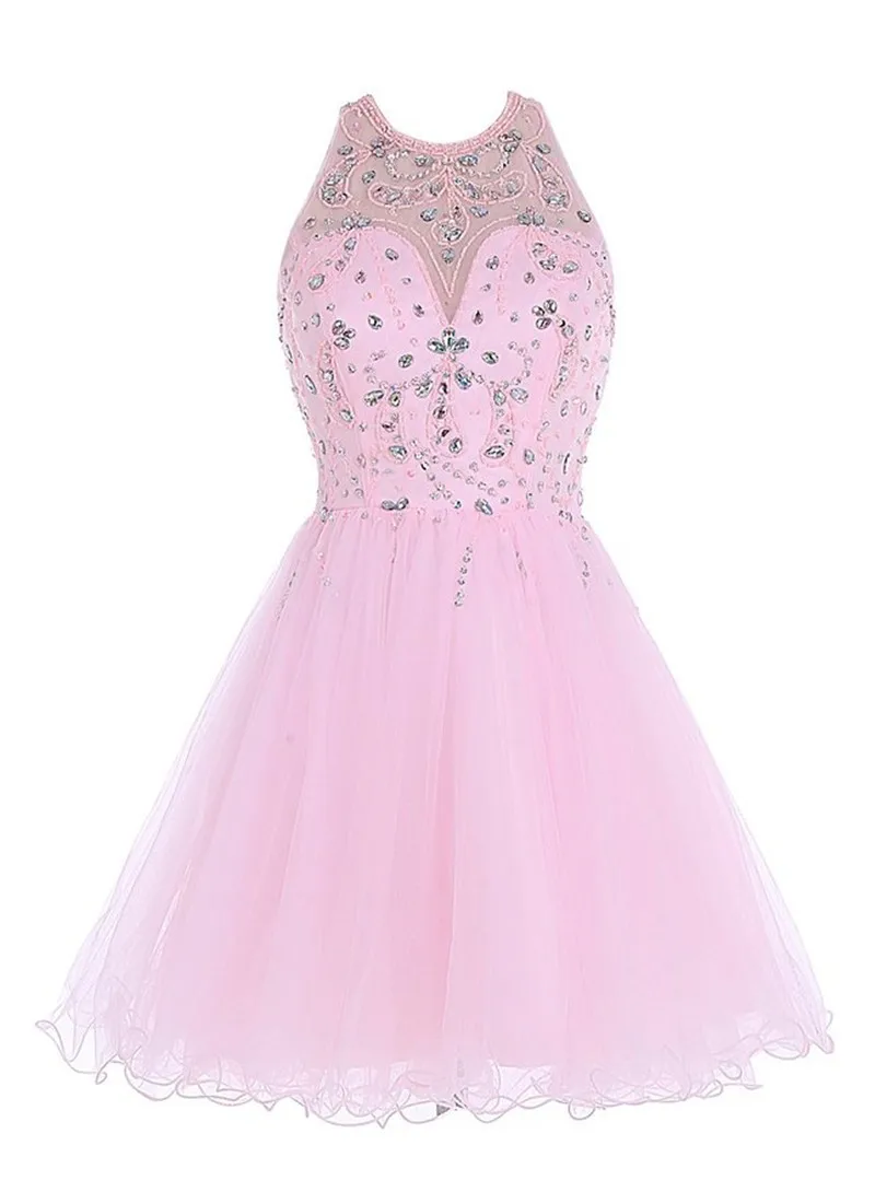 Розовые короткие платья для выпускного вечера Vestido 15 Anos Curto Дешевые Бисерные Кристаллы без спинки платье для выпускного вечера