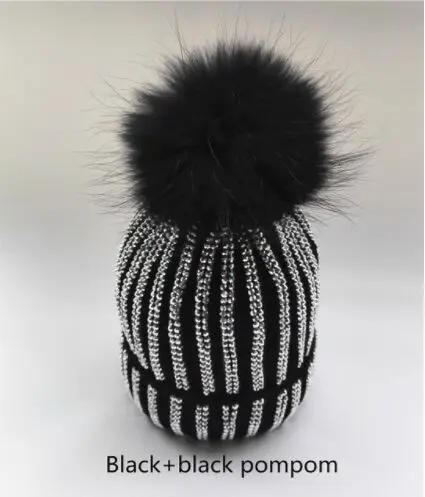 with black pompom Съемные зимние теплые меховые вязаные шапки с помпонами, женские полосатые Стразы ручной работы, шапки Skullies с меховым помпоном 15 см - Цвет: with black pompom