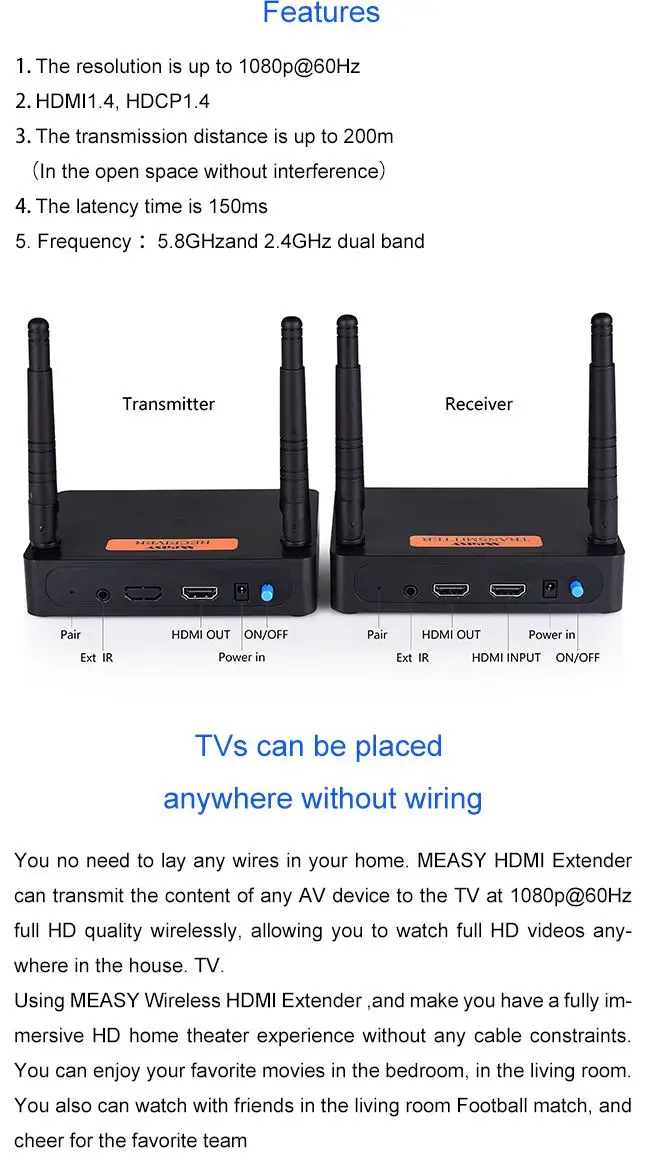 Measy FHD676 5,8 ГГц/2,8 ГГц беспроводной HDMI удлинитель передатчик Full HD 1080 P@ 60 Гц 200 м аудио-видео передатчик передачи