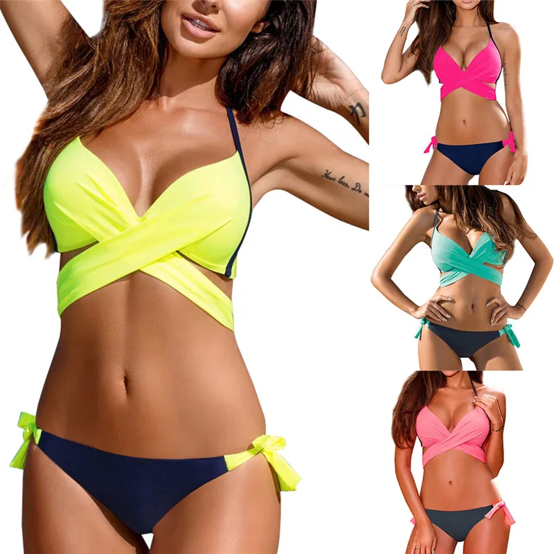 Со стильным поперечным бикини 2019 Лидер продаж шею купальник пуш-ап комплект из 2