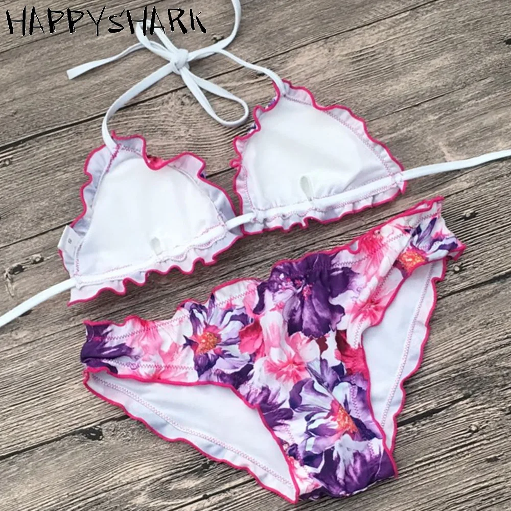 HAPPYSHARK 2018 Sexy Fold Edge Brazilian Bikinis Set Women Floral Printed Halter Trikini Biquinis Female Low Rise Swimwear |
