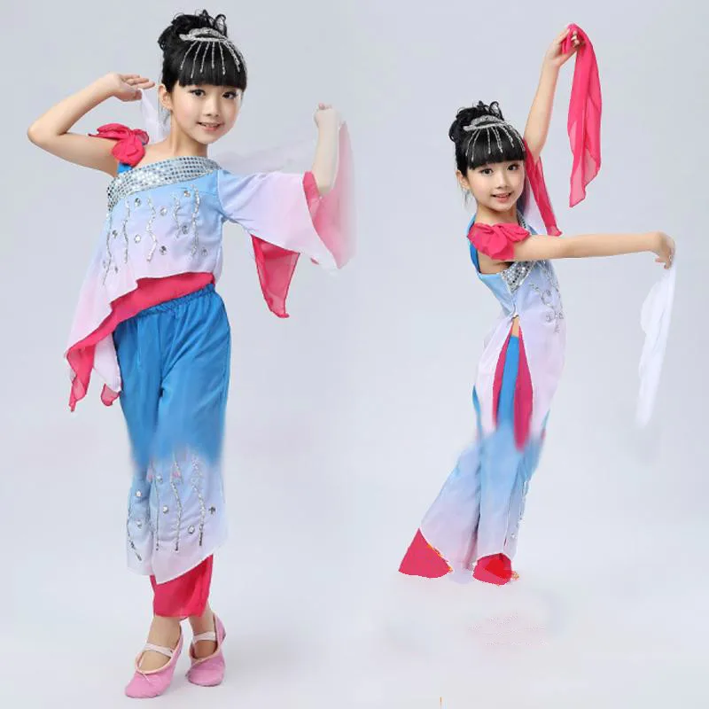 

Новые китайские народные танцевальные костюмы для девочек, детский фанат Янко, одежда для классических танцевальных выступлений