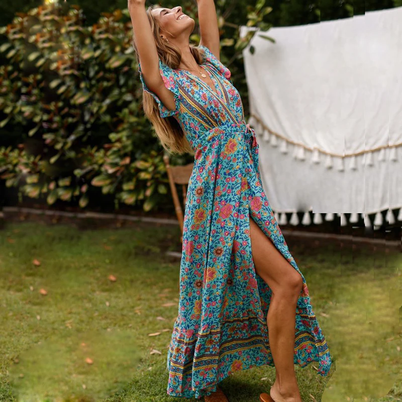 ELSVIOS сексуальное летнее макси платье с v образным вырезом женское пляжное