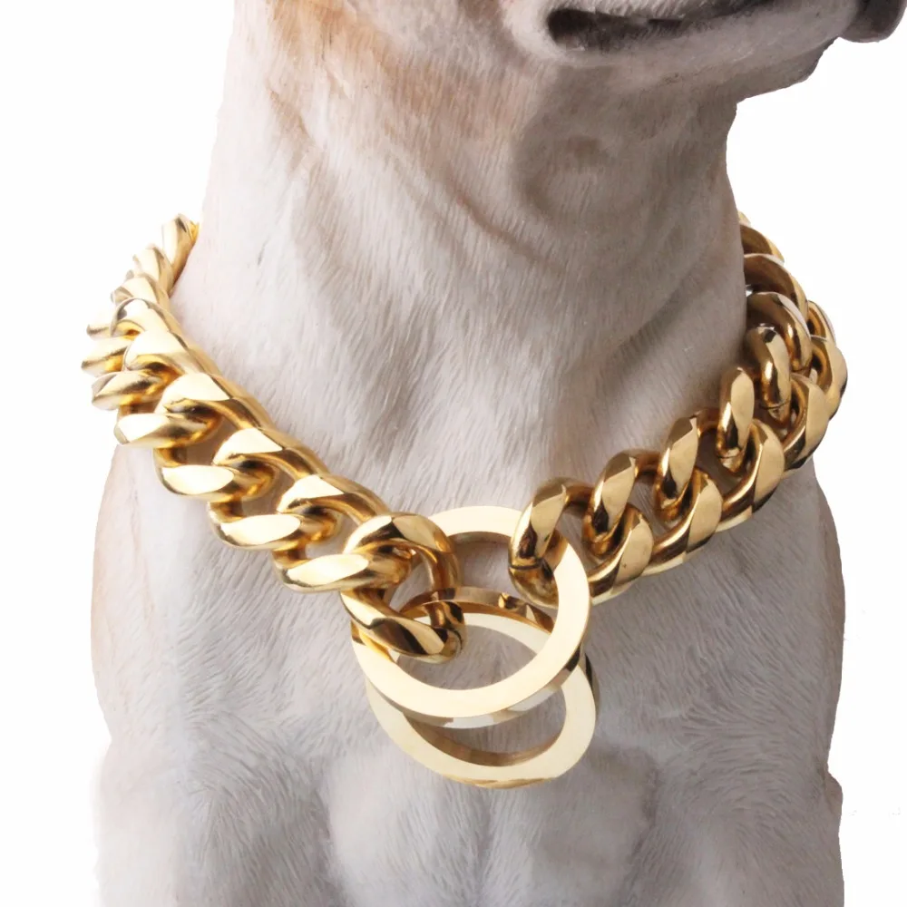 

2018 New Gold Tone 17mm Wide Stainless Steel Pet Dog Chain Training Iron Curb Cuban Link Chain Dog Collar 12-32"