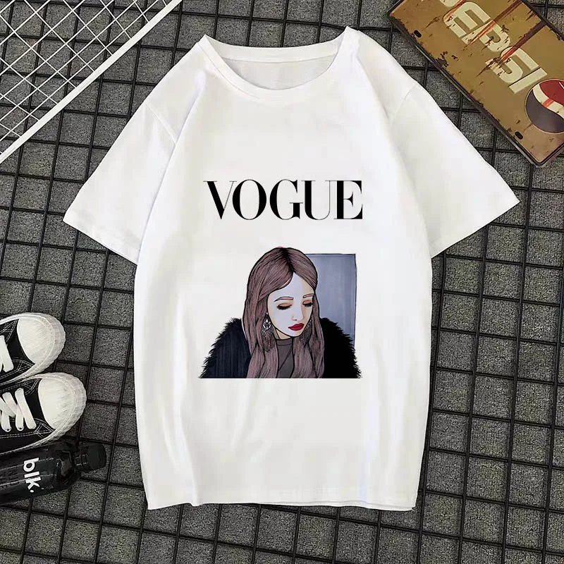 Летняя Новинка, модная женская футболка, VOGUE, с буквенным принтом, Harajuku, футболка с круглым вырезом и коротким рукавом, белые топы, женская одежда