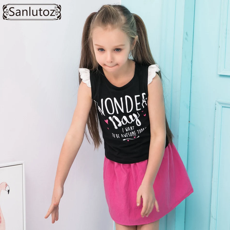 Летние комплекты одежды для девочек sanluusb с буквенным принтом Детская Хлопковая