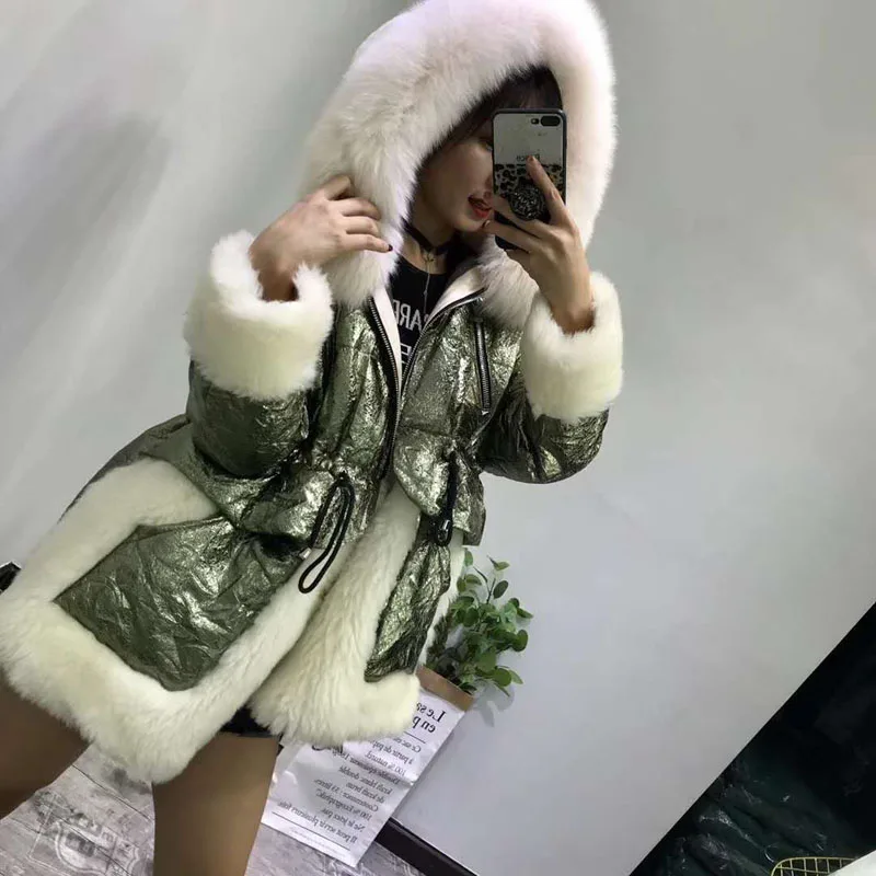 Женское пальто, зимнее, плотное, теплое, новинка, модный пуховик на утином пуху, натуральный Лисий мех, с капюшоном, парка из натуральной овечьей шерсти, abrigos mujer