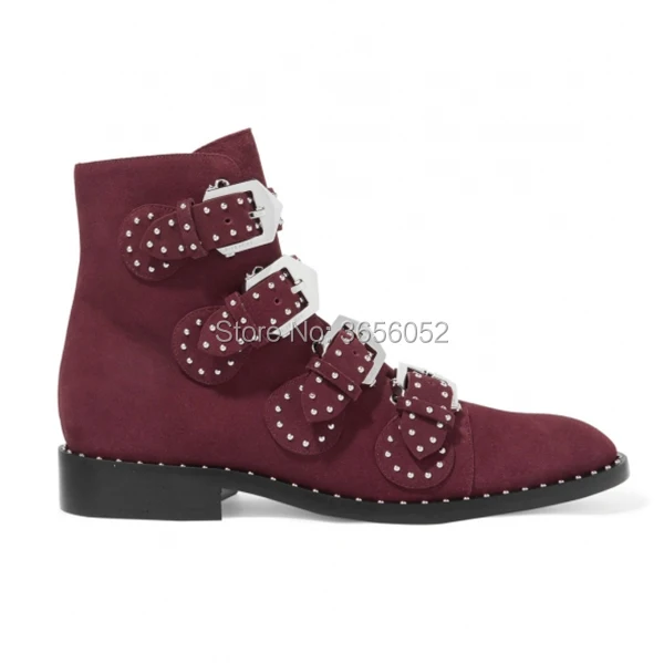 Qianruiti Botas Mujer Leather Suede Low Heel Ankle Boots For Women Autumn Shoes Casual Stone-Studded Buckle Straps Bota Feminina | Обувь