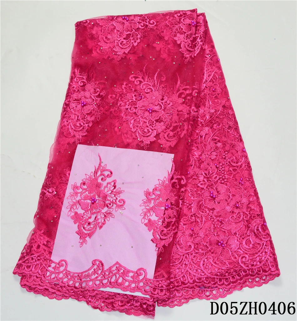 Fushia African french lace fabric with beads and stones mesh tulle high quality nigerian fabrics for wedding 2018 5yard/lot | Дом и сад