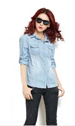2015 Wanita katun pacar kerah lengan panjang tombol bawah Denim Jean kemeja blus |