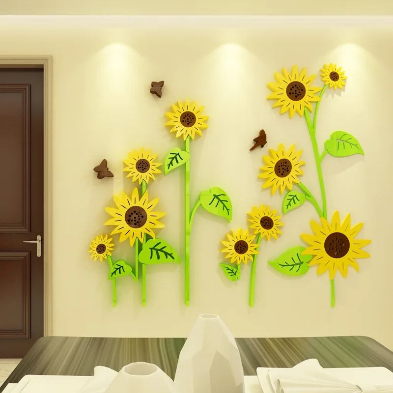 Мультфильм Подсолнух гостиная настенные наклейки 3D акриловые самоклеящиеся