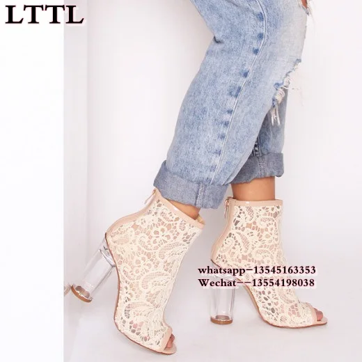 Женские ботинки с открытым носком Прозрачный каблук из плексигласа черные