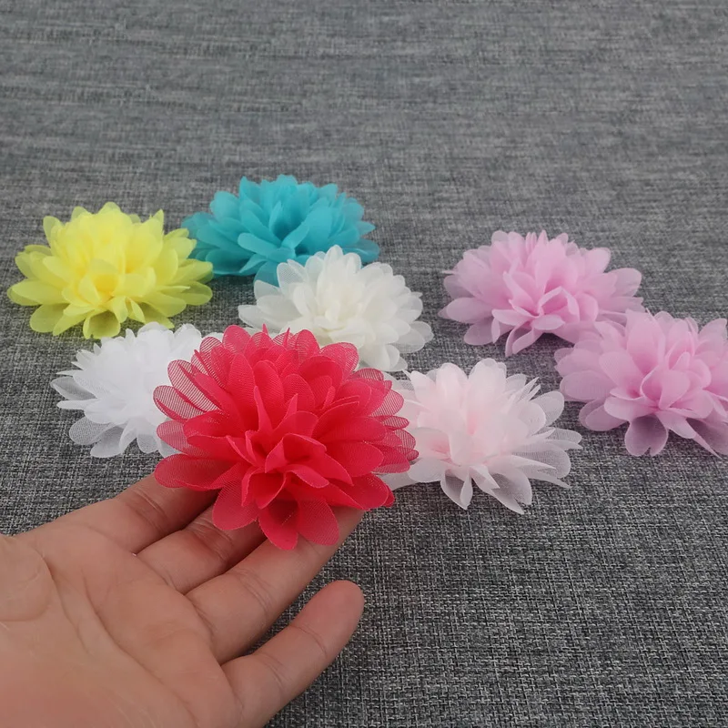 Ручной работы шифон цветы Heandband аппликации 7 см Ткань Волос Цветок для девочек Детская повязка аксессуары для волос 10 шт