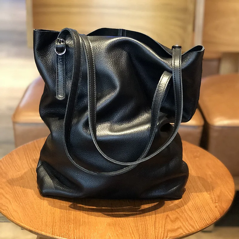 PNDME vintage casual genuine leather ladies tote bags large capacity soft cowhide simple women's shopping bag black handbag 2019