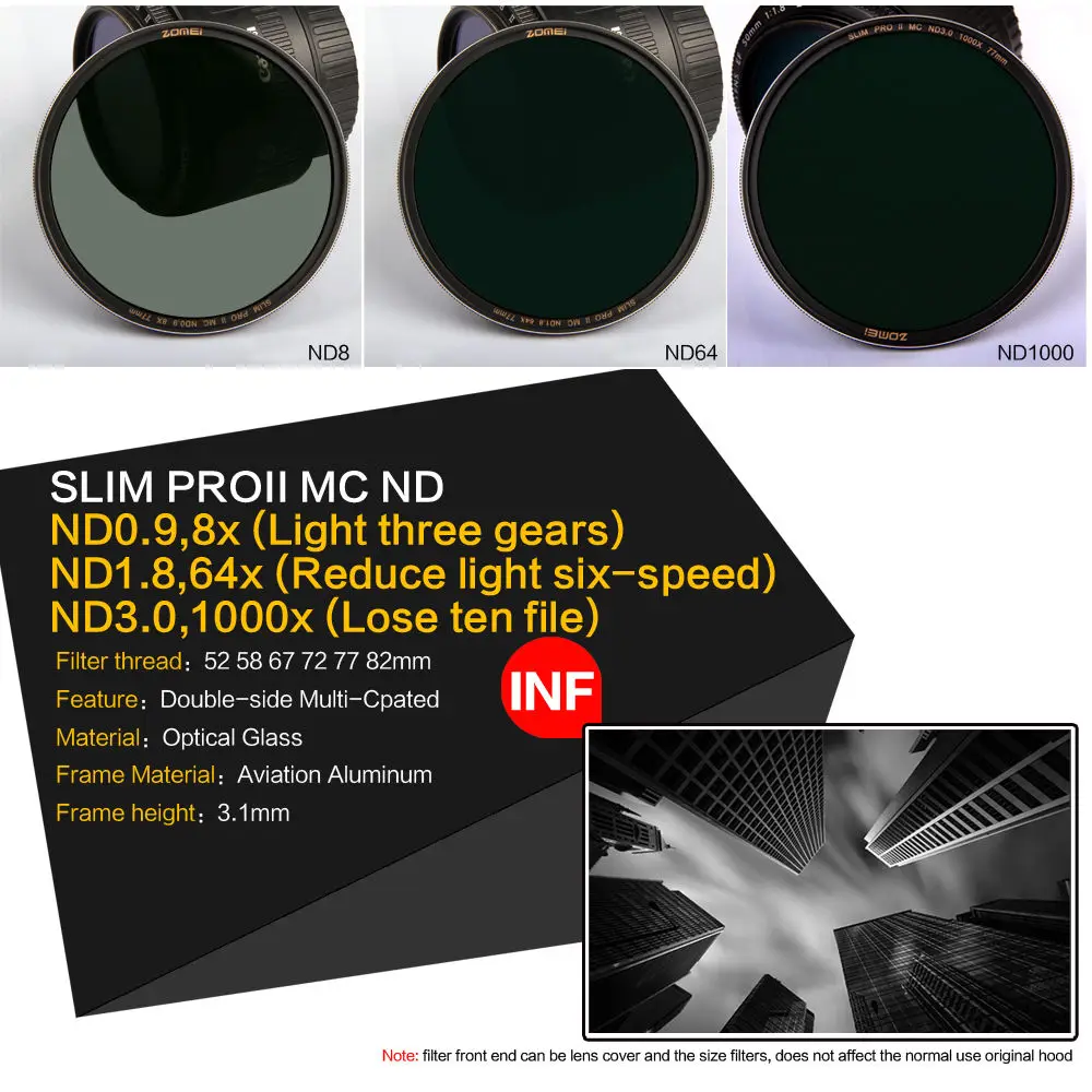 Оптическое стекло Zomei тонкая нейтральная плотность камера ND фильтр ND8/ND64/ND1000 (3 0)
