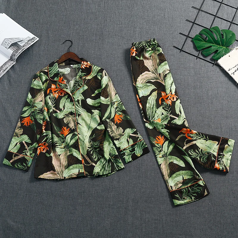 Printed Leaf Pajama Set Green Silk Stain Pijama Set Pants Set Lingerie Kimono Underwear Pyjamas Women Pajamas Sexy Lingerie