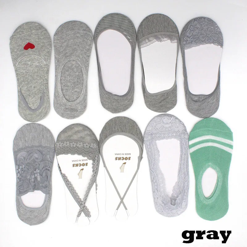gray SP& CITY/10 пар; летние кружевные тонкие короткие невидимые носки; женские хлопковые носки-башмачки; прозрачные открытые носки на высоком каблуке - Цвет: gray