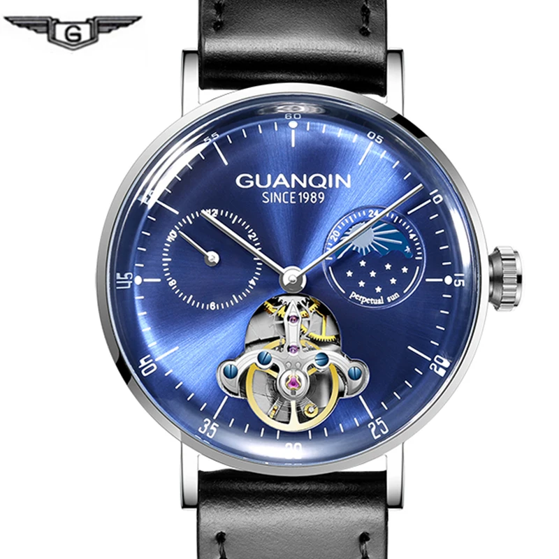 

High end Tourbillon Mechanical Watch GUANQIN Fashion Automatic Watch Men 3D Curve Mirror Moon phase Sapphire Leather Strap Clock