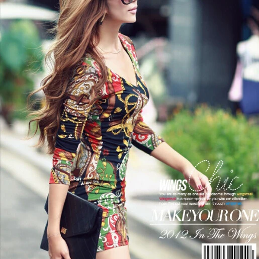 Sexy Florals Dresses Full Sleeve 2015 New Vogue Autumn Women Cotton Dress Print V-Neck Cherrykeke Slim Club | Женская одежда