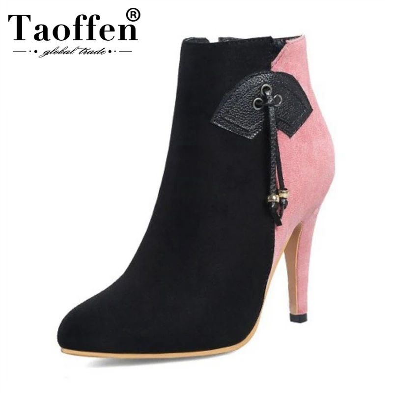 TAOFFEN Plus Size 28-52 Women Ankle Boots Suede Leather High Heels Winter Shoes Women's Mixed Color Sexy Party Zipper | Обувь