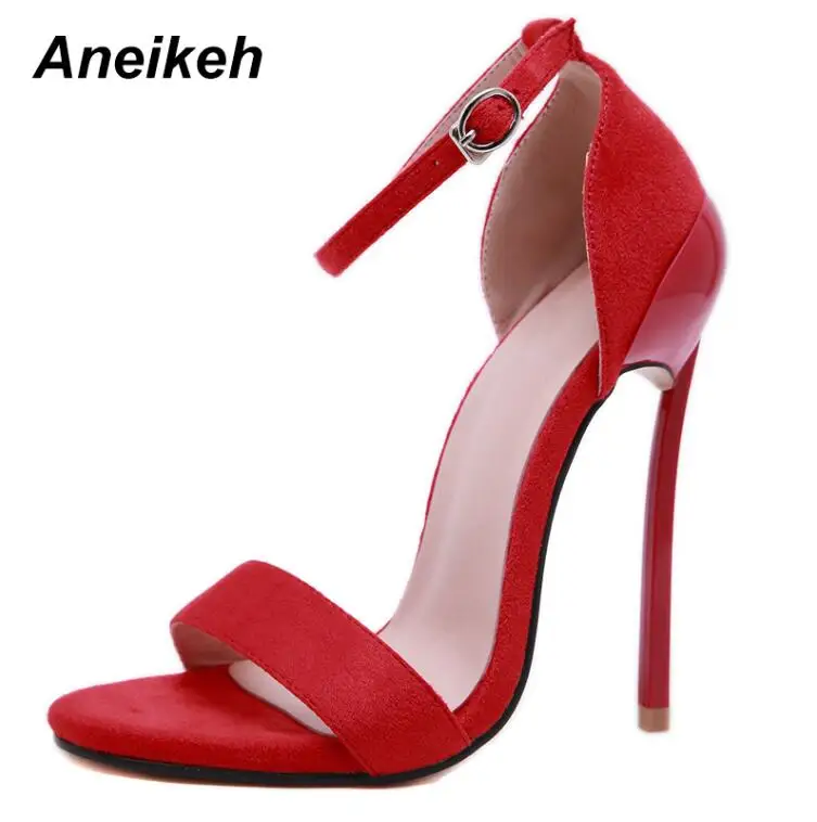 red Aneikeh/женские босоножки из флока на каблуке Туфли-лодочки с ремешком на щиколотке в римском стиле на шпильке с открытым носком модельные туфли из органической кожи на очень высоком каблуке размеры 41, 42 - Цвет: red