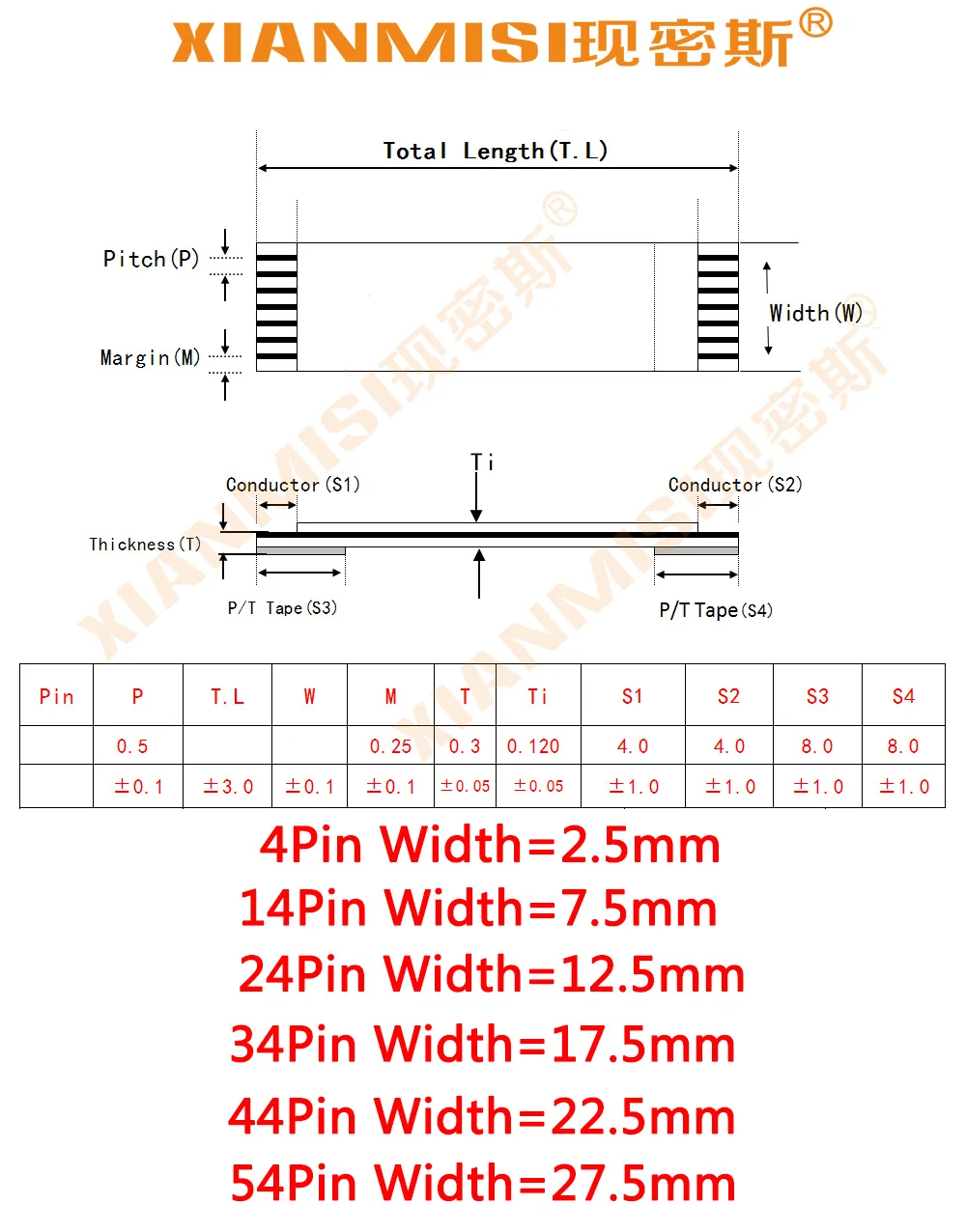 FFC FPC плоский гибкий ленточный кабель 4Pin 14Pin 24Pin 34Pin 44Pin 54Pin с одной стороны 0 5 мм Шаг