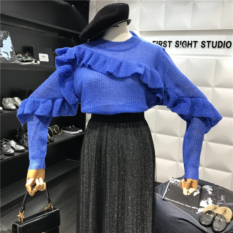ALPHALMODA 2018 осень Милая отделка из оборок тонкий свитер с длинными рукавами