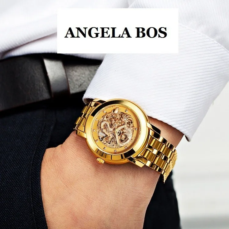 Мужские механические часы скелетоны ANGELA BOS с китайским драконом и 3D резьбой