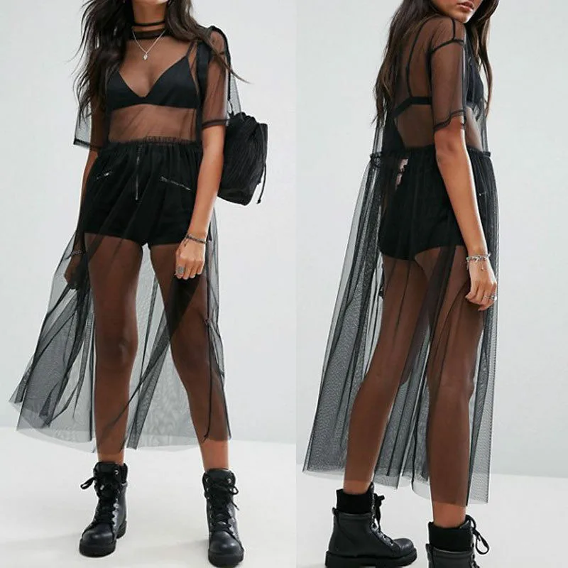 Fashion Women's Mesh Pure Black Transparent Turtleneck Ankle Dress Sexy Perspective Tulle Short Sleeve Beach High Street | Женская