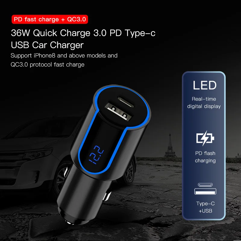 Yesido Y32 Быстрая зарядка 3,0 PD USB C автомобильное зарядное устройство цифровой дисплей Автомобильный USB адаптер для iPhone X XS 8 samsung S9 быстрое зарядное устройство для телефона