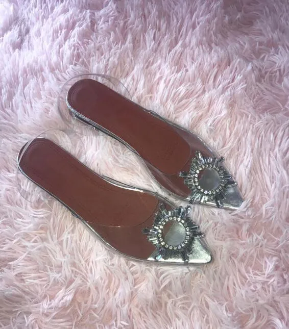 Женские прозрачные сандалии с острым носком летние шлепанцы со стразами