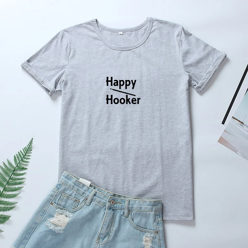 OLN 2018 Happy Hooker короткий рукав футболки хлопок для женщин корейская мода
